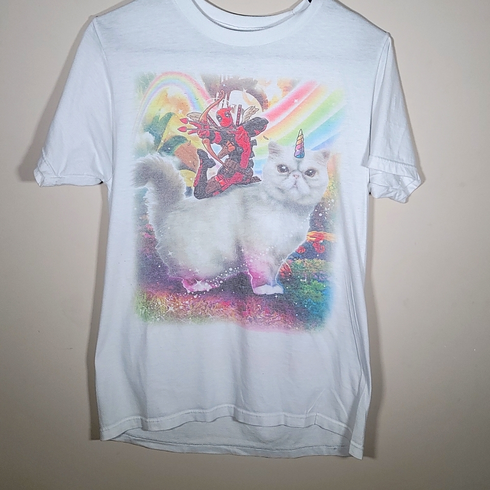 Girls t-shirt, white,  dead pool and unicorn kitten, small